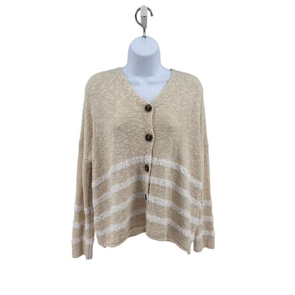 Joseph A Tan Button Up Soft Sweater WMNS Small V-neck Stripes Long Sleeve Knit - Picture 1 of 8